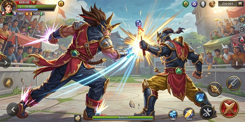 Gameplay seru di arena fighting yang mendebarkan.