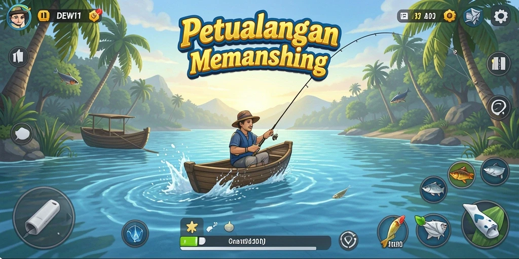 Screenshot DEWI11 menampilkan pemain yang menangkap ikan di danau indah.