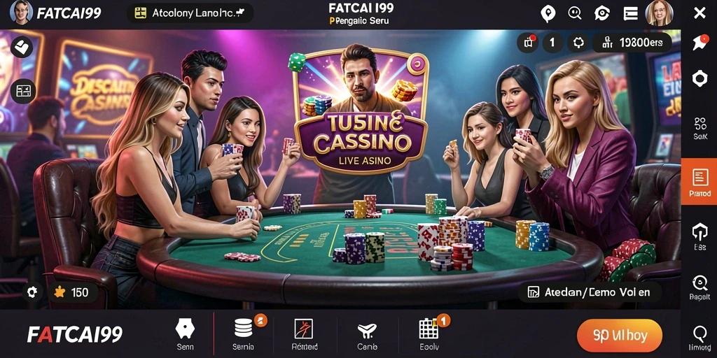 Tangkapan layar gameplay FATCAI99 menampilkan dealer langsung dan suasana kasino yang nyata.