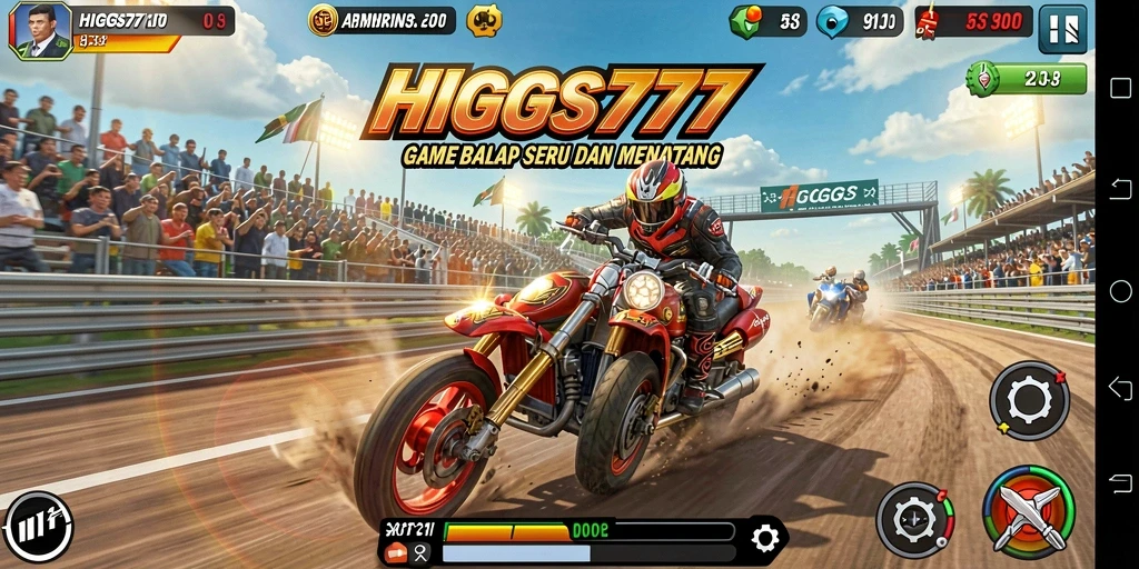 Tampilan gameplay HIGGS777 dengan mobil balap yang melaju kencang.