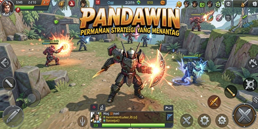 Tampilan gameplay PANDAWIN yang menampilkan pertempuran strategi yang seru.