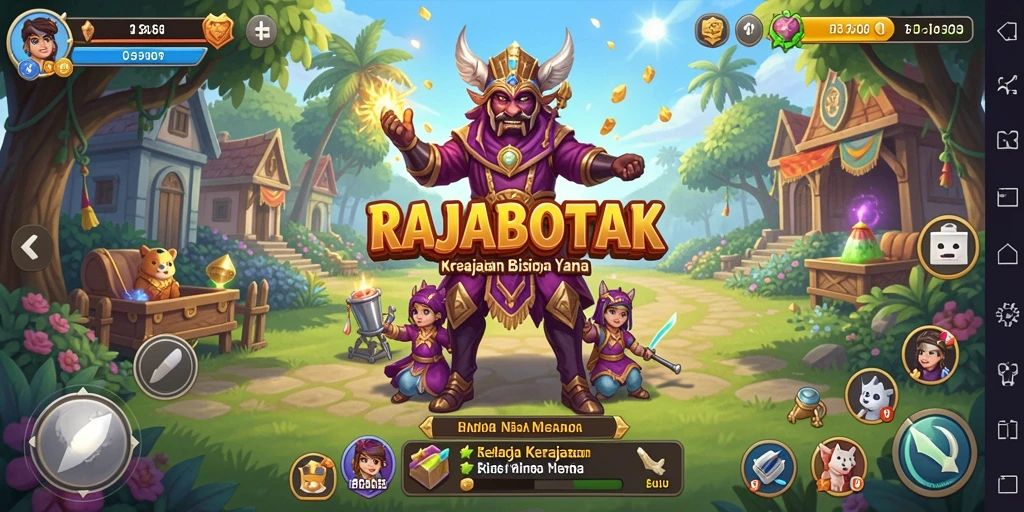 Tampilan dinamis gameplay RAJABOTAK dengan elemen manajemen bisnis.