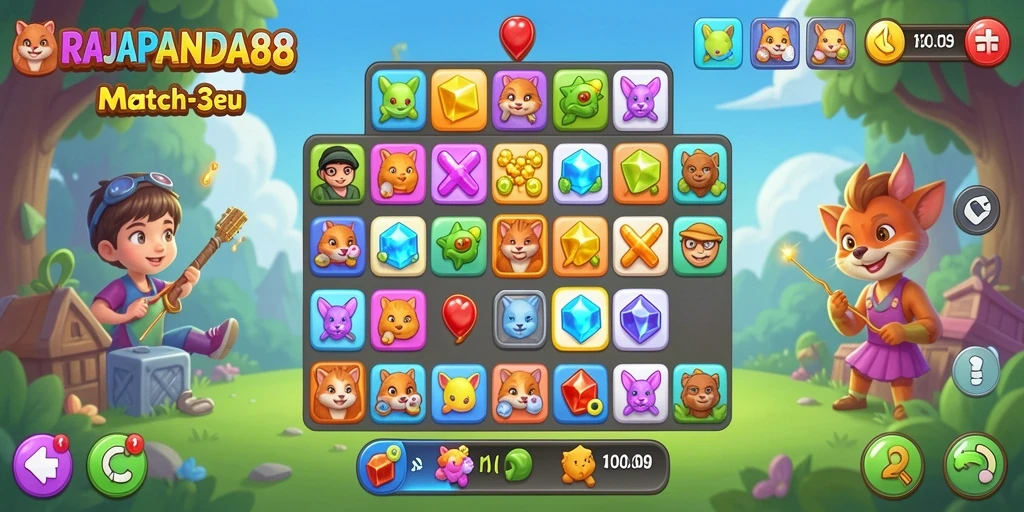 Tampilan menarik dari gameplay Match-3 RAJAPANDA88 yang penuh warna.