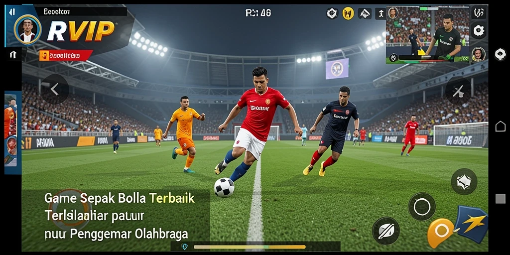Screenshot utama RVIP menampilkan pertandingan sepak bola yang seru dengan visual mengesankan.