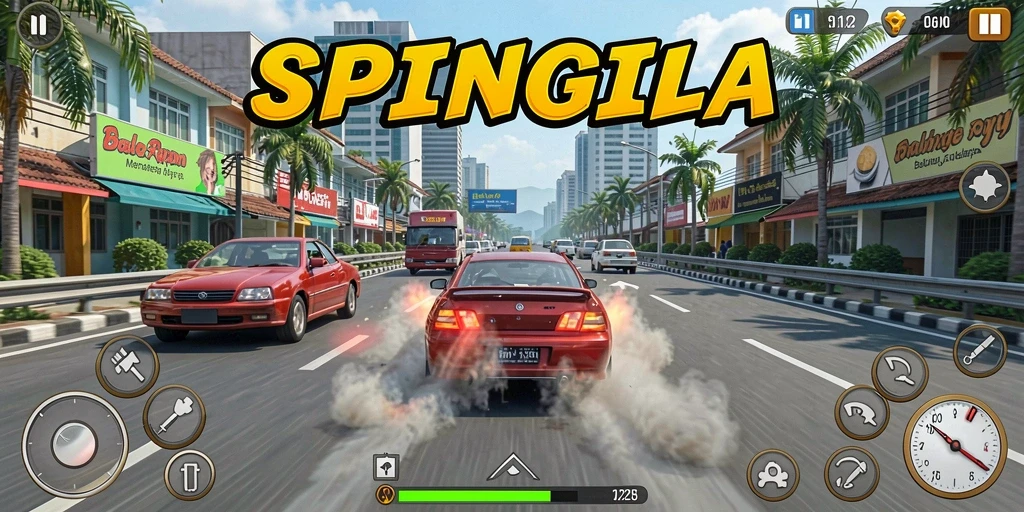 Screenshot SPINGILA menampilkan aksi balapan yang intens dan menegangkan.