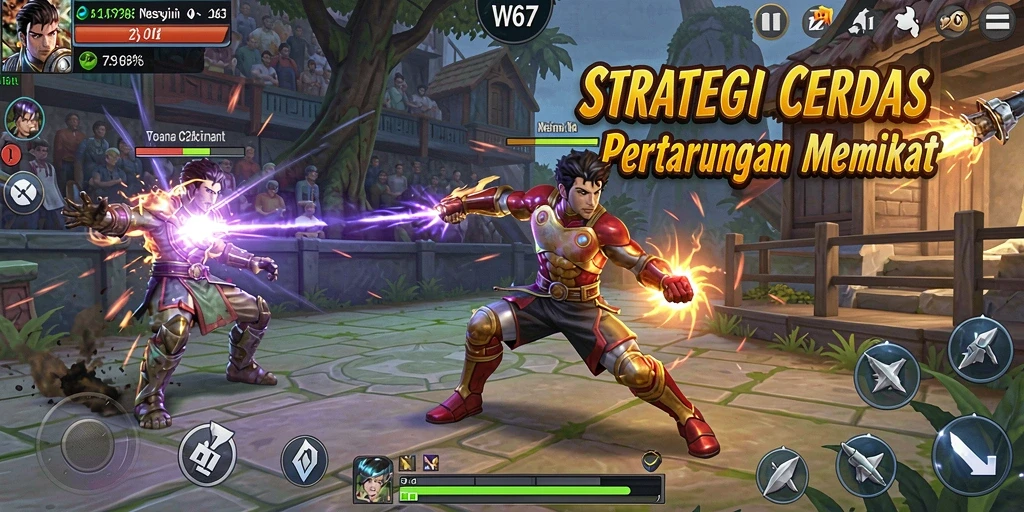 Screenshot utama W67 menampilkan aksi pertempuran yang strategis dan mendalam.
